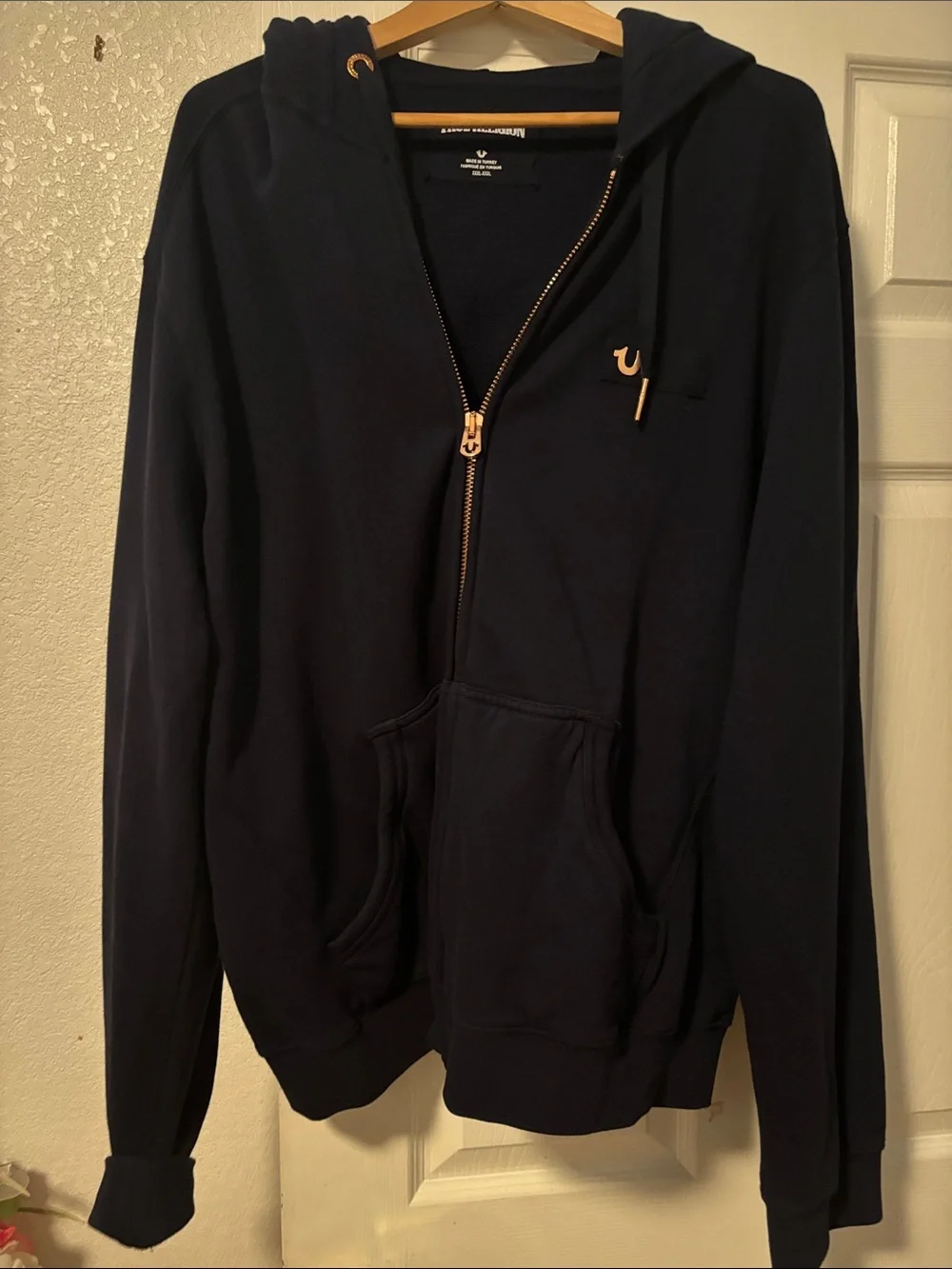 True Religion Navy Zip Front Hoodie with Gold Accents